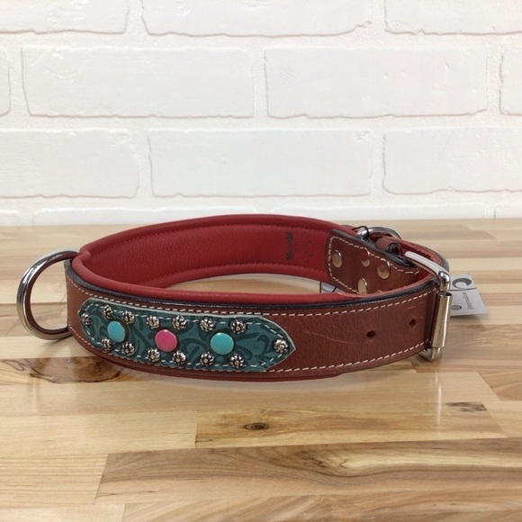 Mad Cow genuine leather jewelry dog collar handmade red pink turquoise studded - Picture 3 of 16